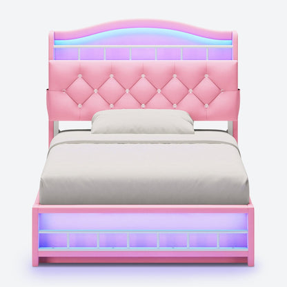 HAUOMS Bed Frame Black Twin Size Bed Frame with LED Lights & 4 Drawers, Pink