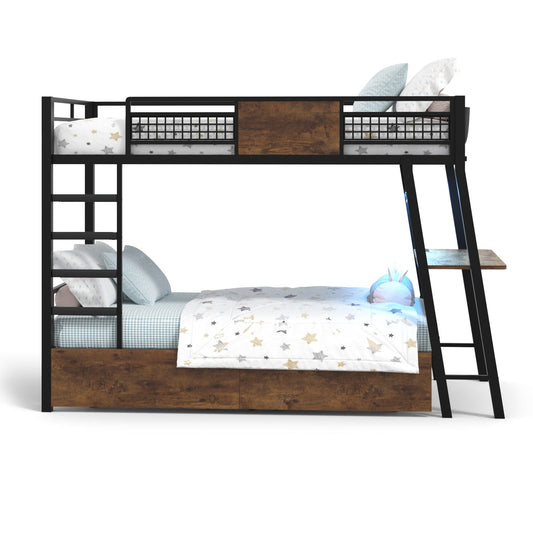 HAUOMS Bed Frame Brown LED Bunk Bed with Desk Rustic Brown