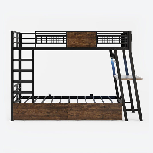 HAUOMS Bed Frame Brown LED Bunk Bed with Desk Rustic Brown
