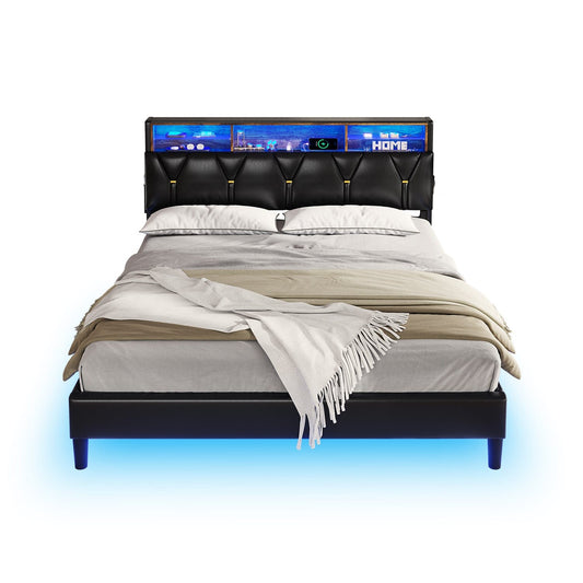 HAUOMS Bed Frame Faux Leather LED Bed Frame Black