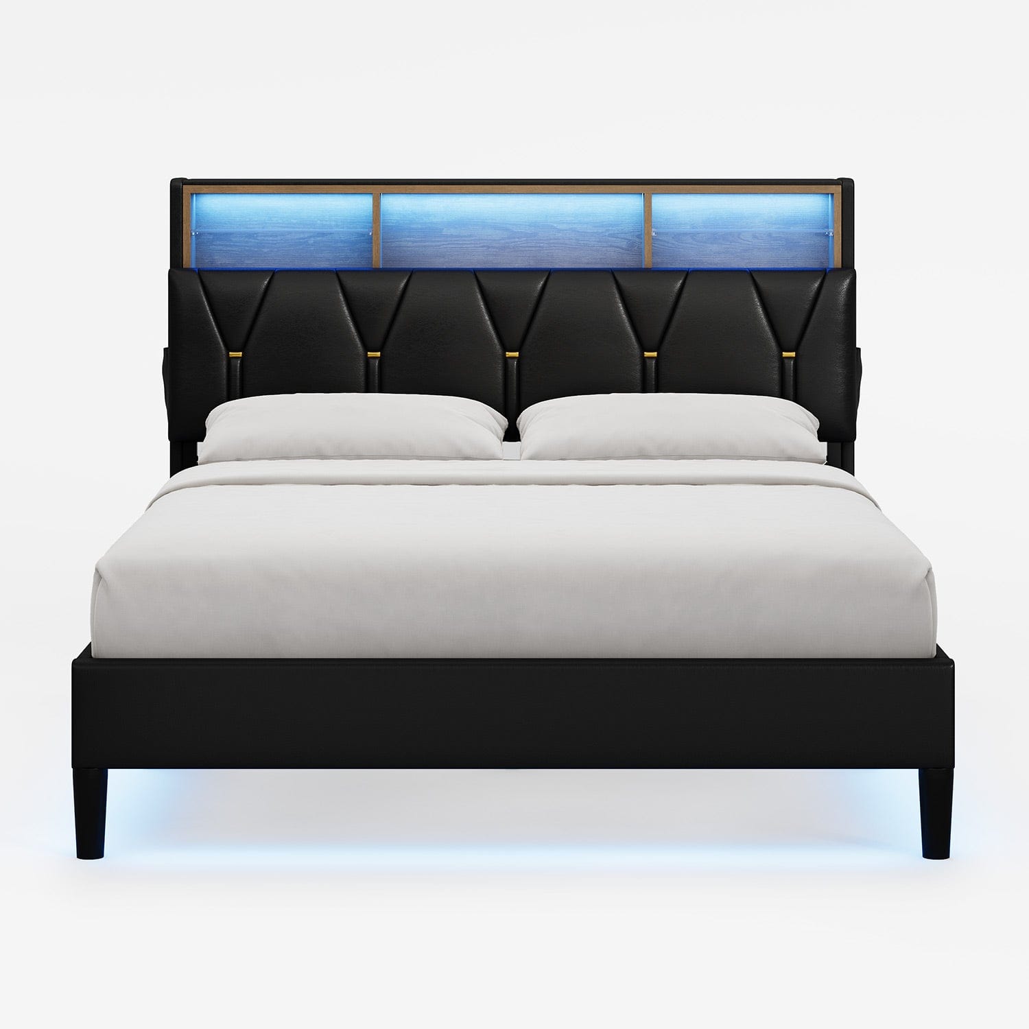 HAUOMS Bed Frame Faux Leather LED Bed Frame Black
