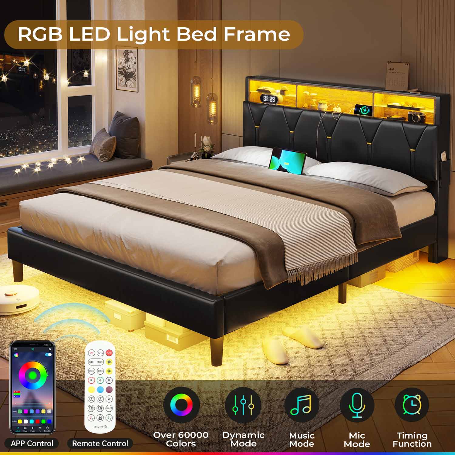 Hauoms Bed Frame Faux Leather LED Bed Frame Black