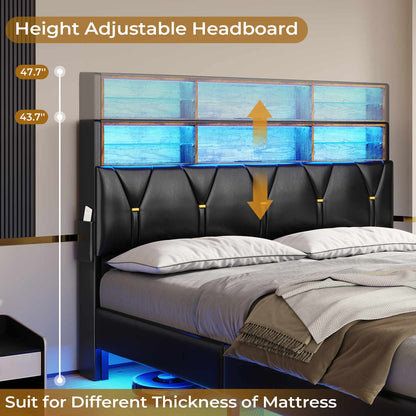 Hauoms Bed Frame Faux Leather LED Bed Frame Black