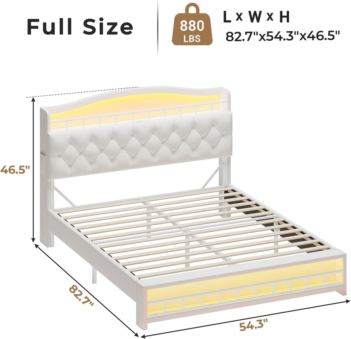 HAUOMS Bed Frame Full Bed Frame with LED Light Beige