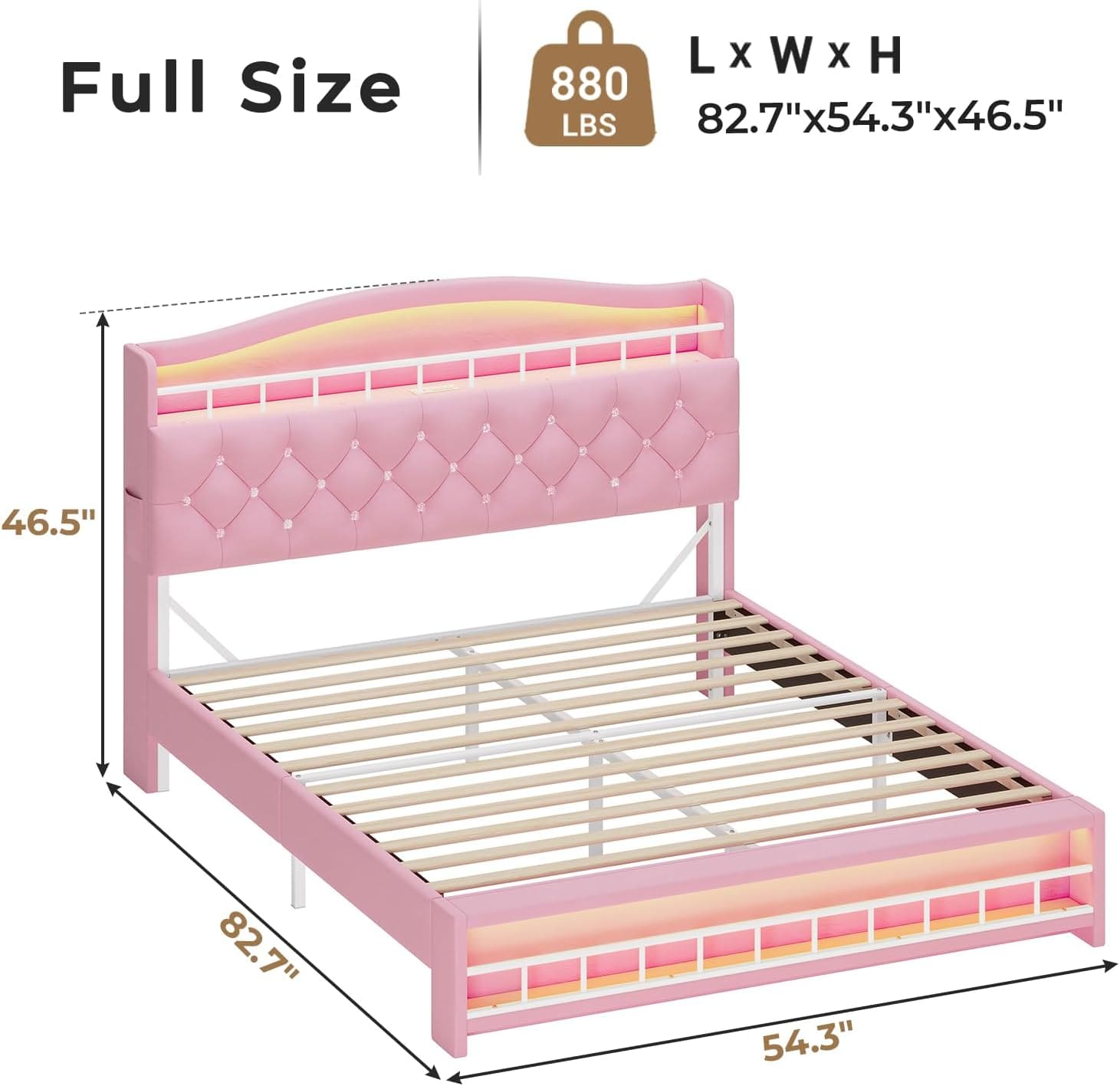 HAUOMS Bed Frame Full Bed Frame with LED Light Pink