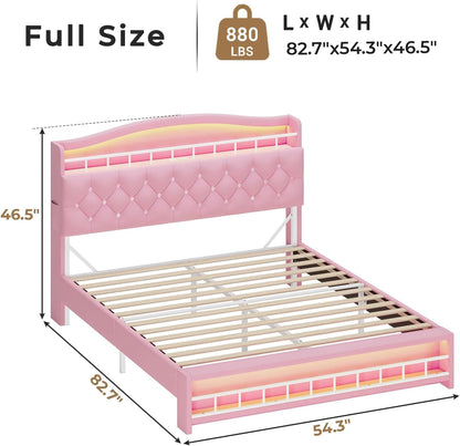 HAUOMS Bed Frame Full Bed Frame with LED Light Pink