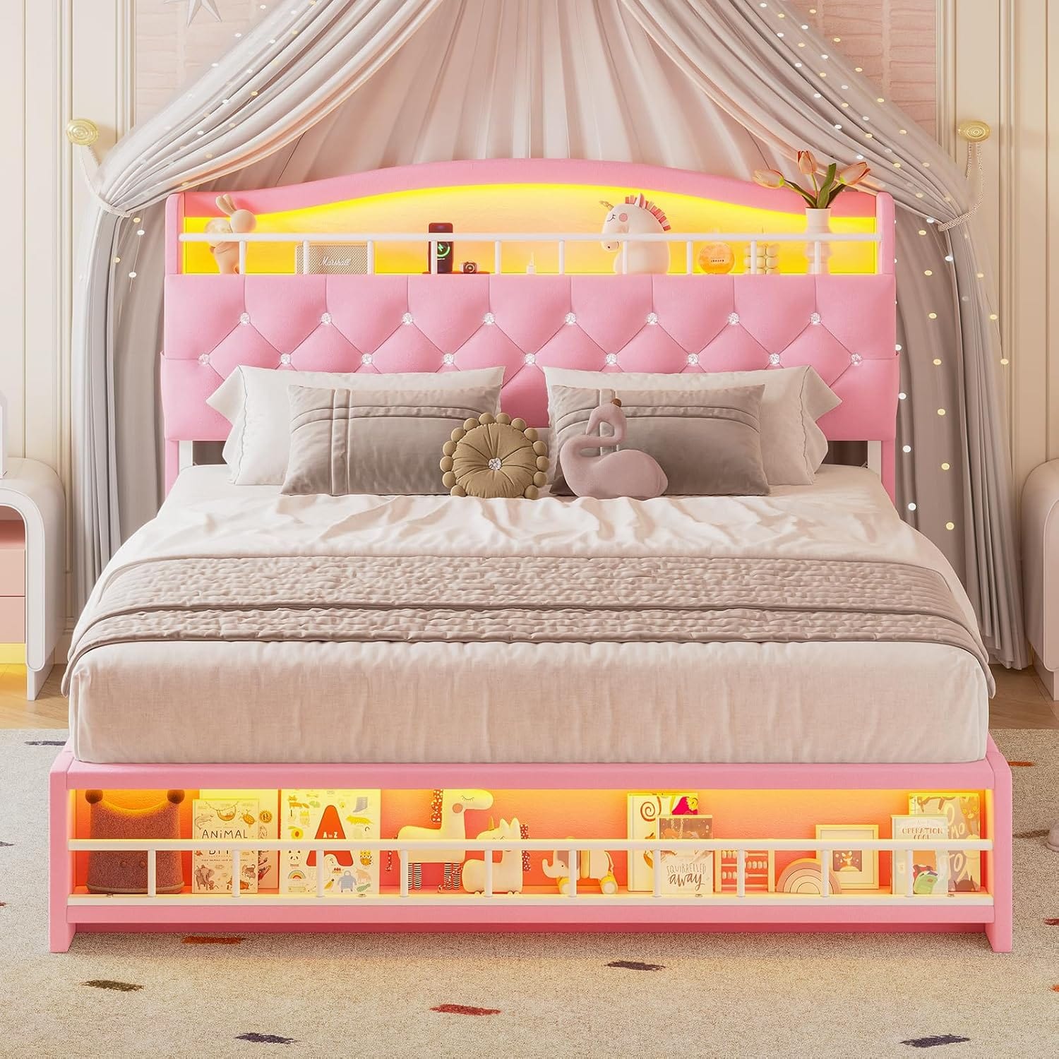 HAUOMS Bed Frame Full Bed Frame with LED Light Pink