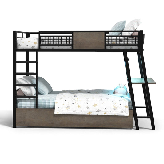 HAUOMS Bed Frame Gray LED Bunk Bed with Desk Greige