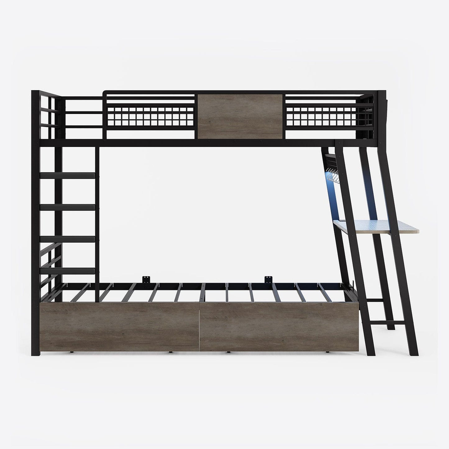 HAUOMS Bed Frame Gray LED Bunk Bed with Desk Greige