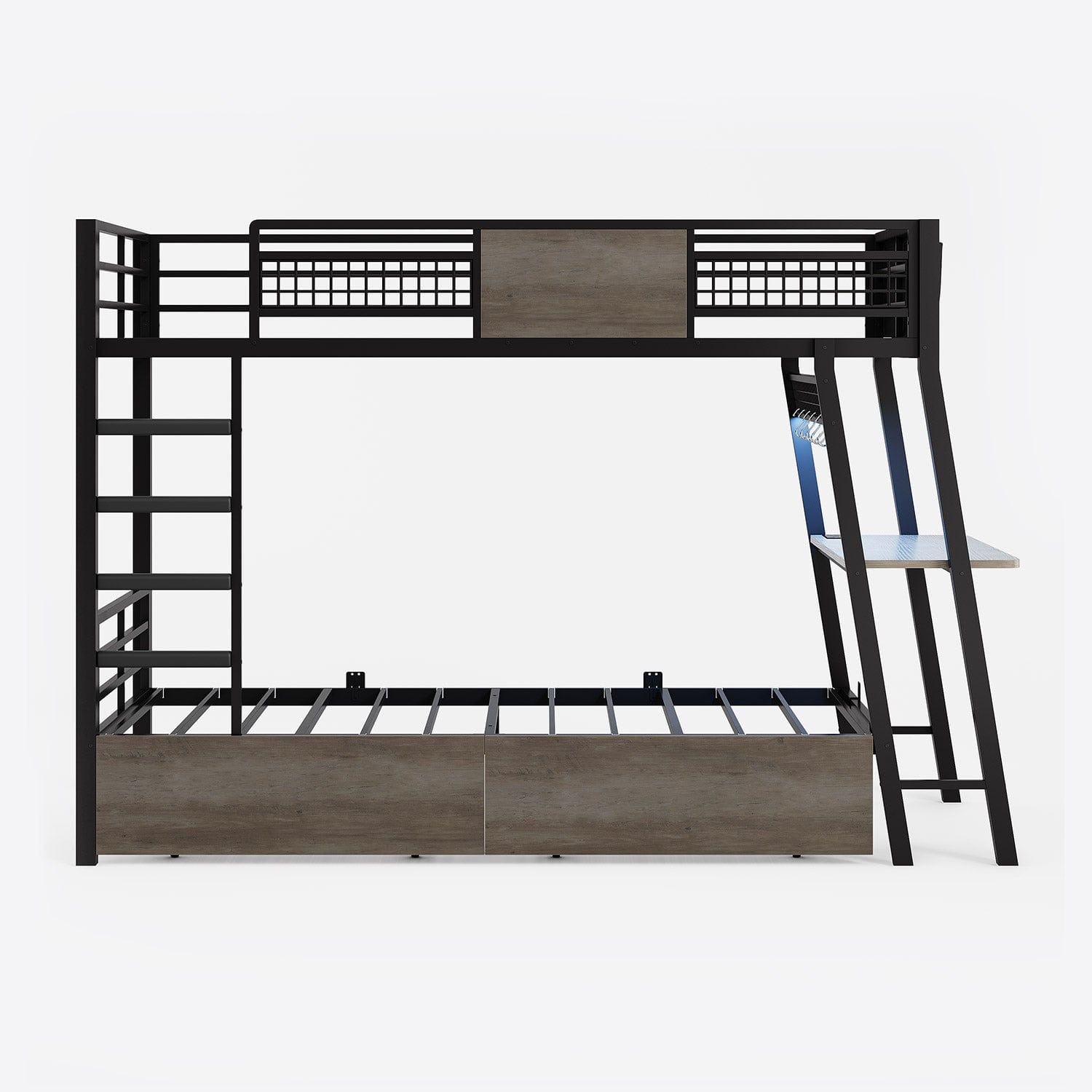 HAUOMS Bed Frame Gray LED Bunk Bed with Desk Greige