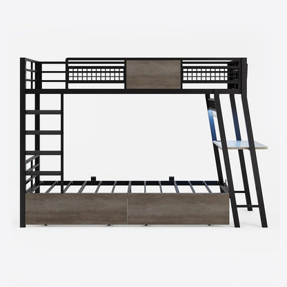 HAUOMS Bed Frame Gray LED Bunk Bed with Desk Greige