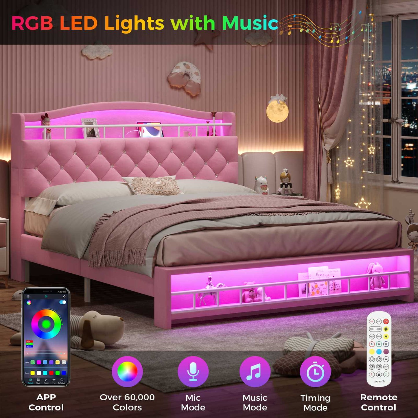 HAUOMS Bed Frame HAUOMS Full Size Bed Frame with LED Lights Princess Velvet Upholstered Platform Bedframe with Charging Station and Guardrail