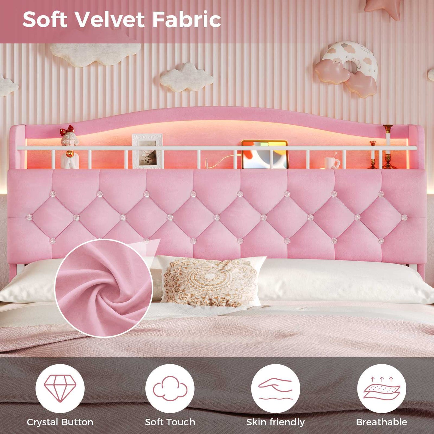 HAUOMS Bed Frame HAUOMS Full Size Bed Frame with LED Lights Princess Velvet Upholstered Platform Bedframe with Charging Station and Guardrail