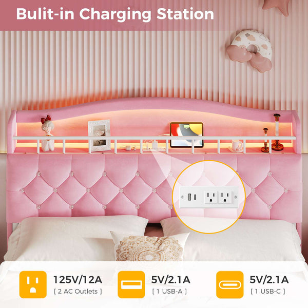 HAUOMS Bed Frame HAUOMS Full Size Bed Frame with LED Lights Princess Velvet Upholstered Platform Bedframe with Charging Station and Guardrail