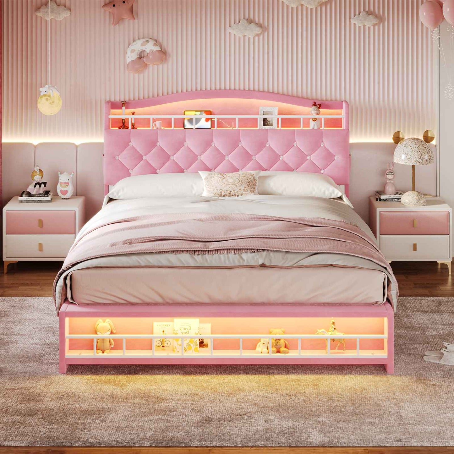 HAUOMS Bed Frame HAUOMS Full Size Bed Frame with LED Lights Princess Velvet Upholstered Platform Bedframe with Charging Station and Guardrail