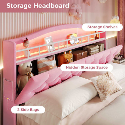 HAUOMS Bed Frame HAUOMS Full Size Bed Frame with LED Lights Princess Velvet Upholstered Platform Bedframe with Charging Station and Guardrail