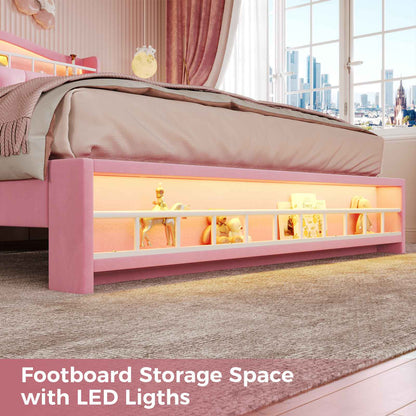HAUOMS Bed Frame HAUOMS Full Size Bed Frame with LED Lights Princess Velvet Upholstered Platform Bedframe with Charging Station and Guardrail