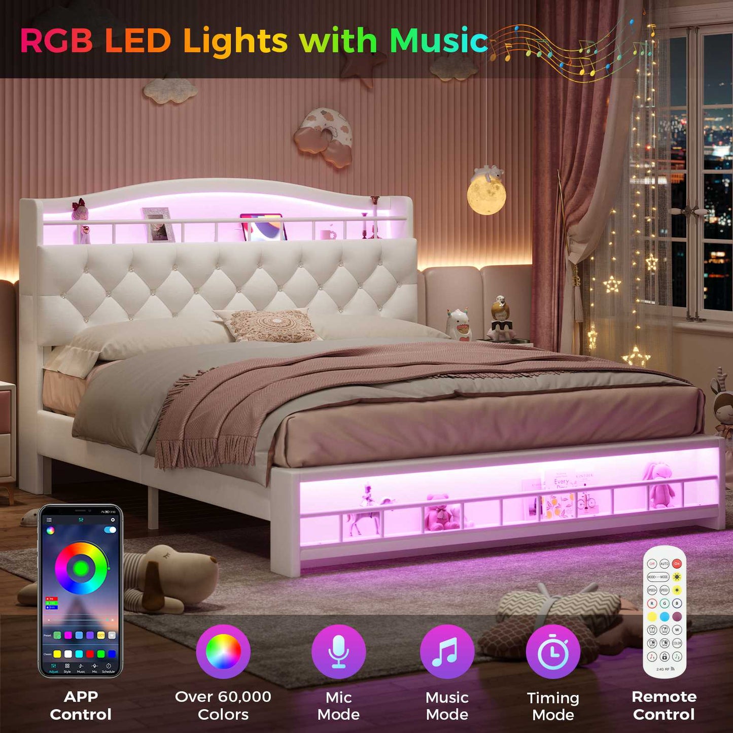 HAUOMS Bed Frame HAUOMS Full Size Bed Frame with LED Lights Princess Velvet Upholstered Platform Bedframe with Charging Station and Guardrail