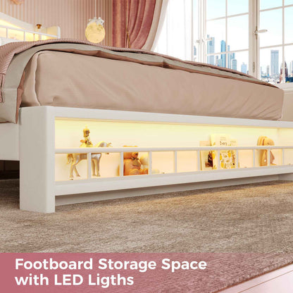 HAUOMS Bed Frame HAUOMS Full Size Bed Frame with LED Lights Princess Velvet Upholstered Platform Bedframe with Charging Station and Guardrail