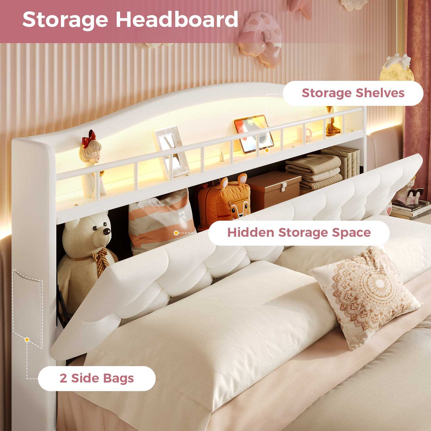 HAUOMS Bed Frame HAUOMS Full Size Bed Frame with LED Lights Princess Velvet Upholstered Platform Bedframe with Charging Station and Guardrail