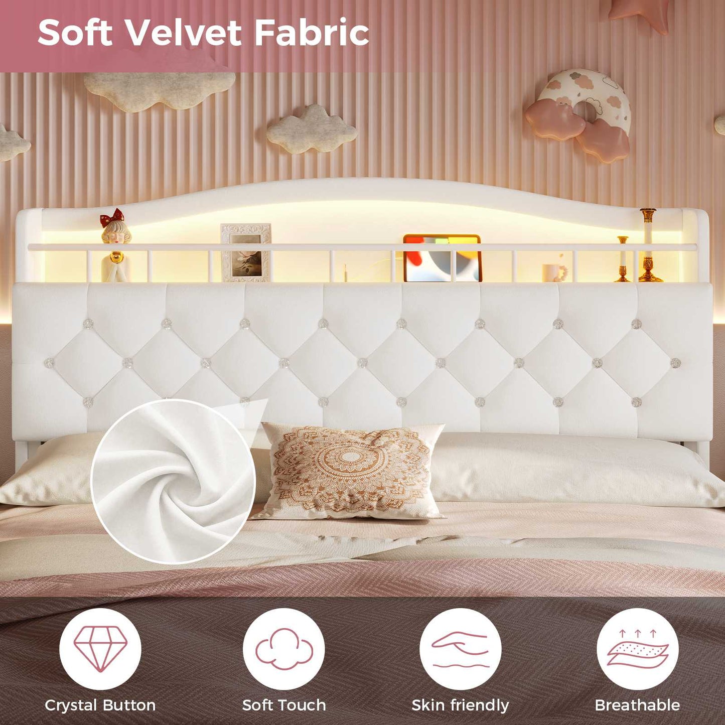 HAUOMS Bed Frame HAUOMS Full Size Bed Frame with LED Lights Princess Velvet Upholstered Platform Bedframe with Charging Station and Guardrail