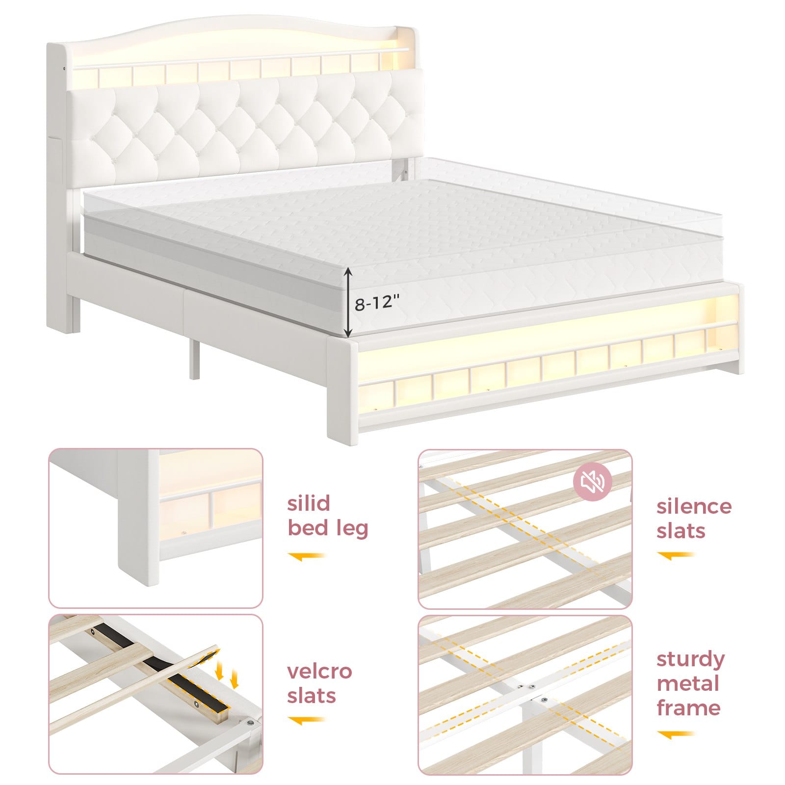 HAUOMS Bed Frame HAUOMS Full Size Bed Frame with LED Lights Princess Velvet Upholstered Platform Bedframe with Charging Station and Guardrail