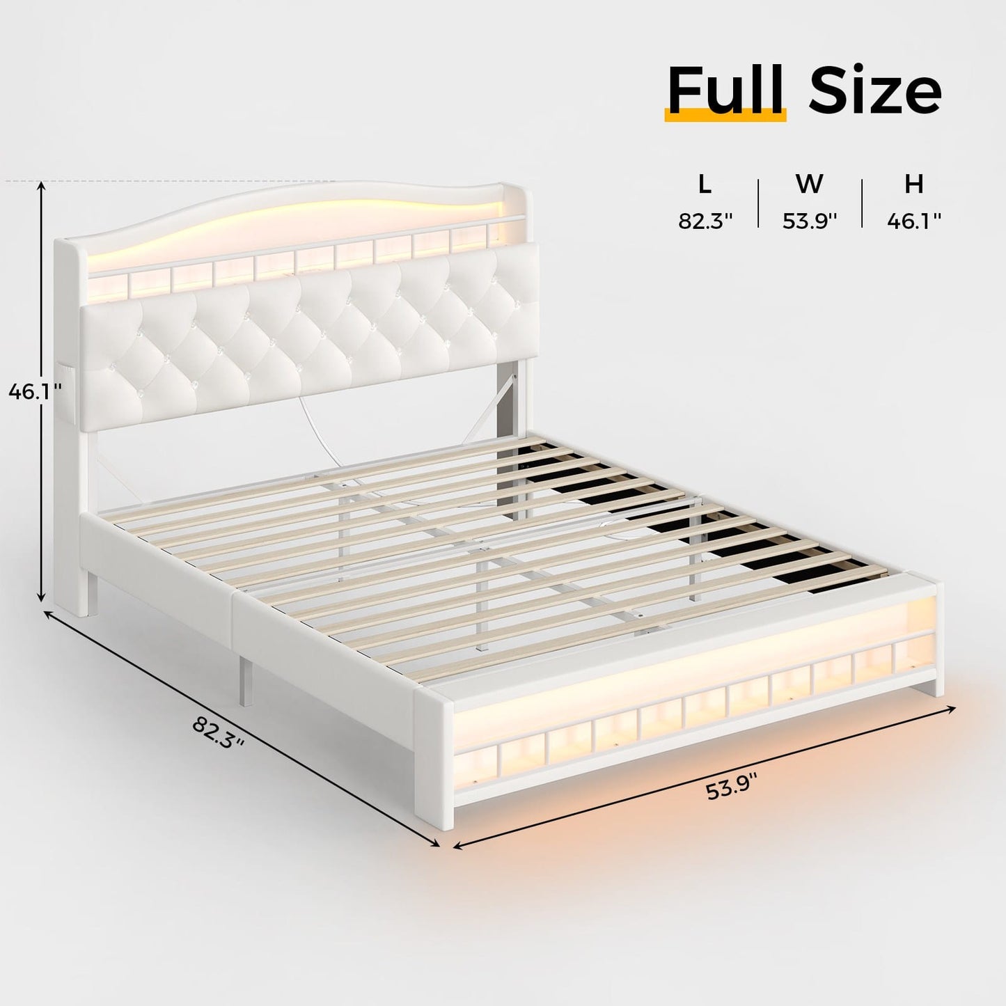 HAUOMS Bed Frame HAUOMS Full Size Bed Frame with LED Lights Princess Velvet Upholstered Platform Bedframe with Charging Station and Guardrail