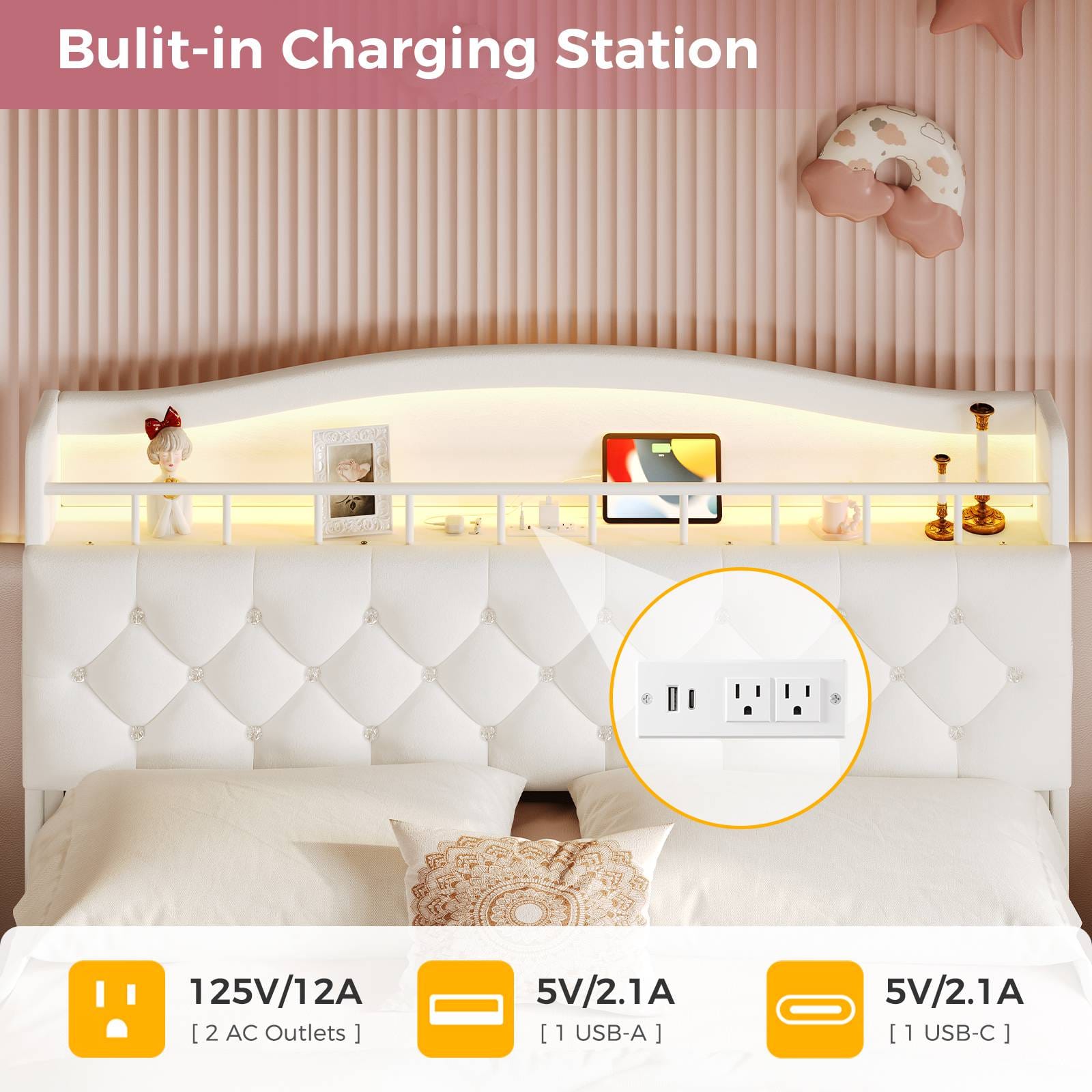 HAUOMS Bed Frame HAUOMS Full Size Bed Frame with LED Lights Princess Velvet Upholstered Platform Bedframe with Charging Station and Guardrail