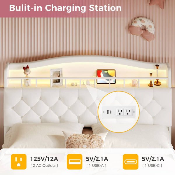 HAUOMS Bed Frame HAUOMS Full Size Bed Frame with LED Lights Princess Velvet Upholstered Platform Bedframe with Charging Station and Guardrail