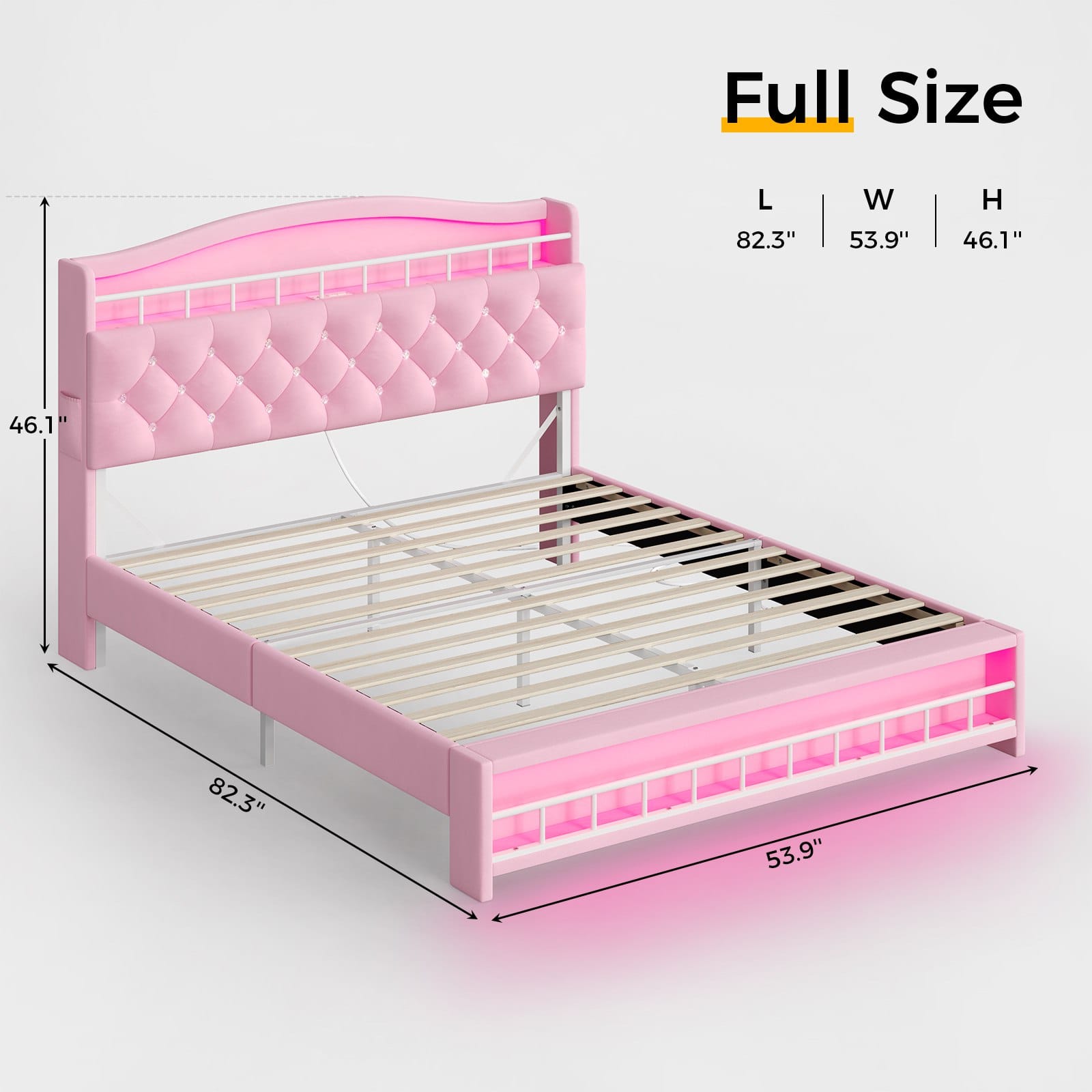 HAUOMS Bed Frame HAUOMS Full Size Bed Frame with LED Lights Princess Velvet Upholstered Platform Bedframe with Charging Station and Guardrail