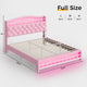 HAUOMS Bed Frame HAUOMS Full Size Bed Frame with LED Lights Princess Velvet Upholstered Platform Bedframe with Charging Station and Guardrail