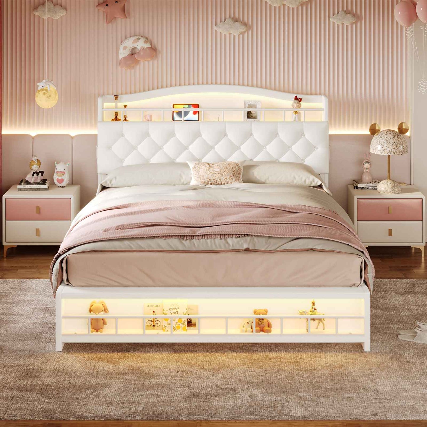 HAUOMS Bed Frame HAUOMS Full Size Bed Frame with LED Lights Princess Velvet Upholstered Platform Bedframe with Charging Station and Guardrail