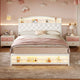 HAUOMS Bed Frame HAUOMS Full Size Bed Frame with LED Lights Princess Velvet Upholstered Platform Bedframe with Charging Station and Guardrail