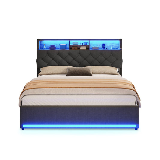 Hauoms Bed Frame LED Bed Frame 4 Drawers Linen Grey