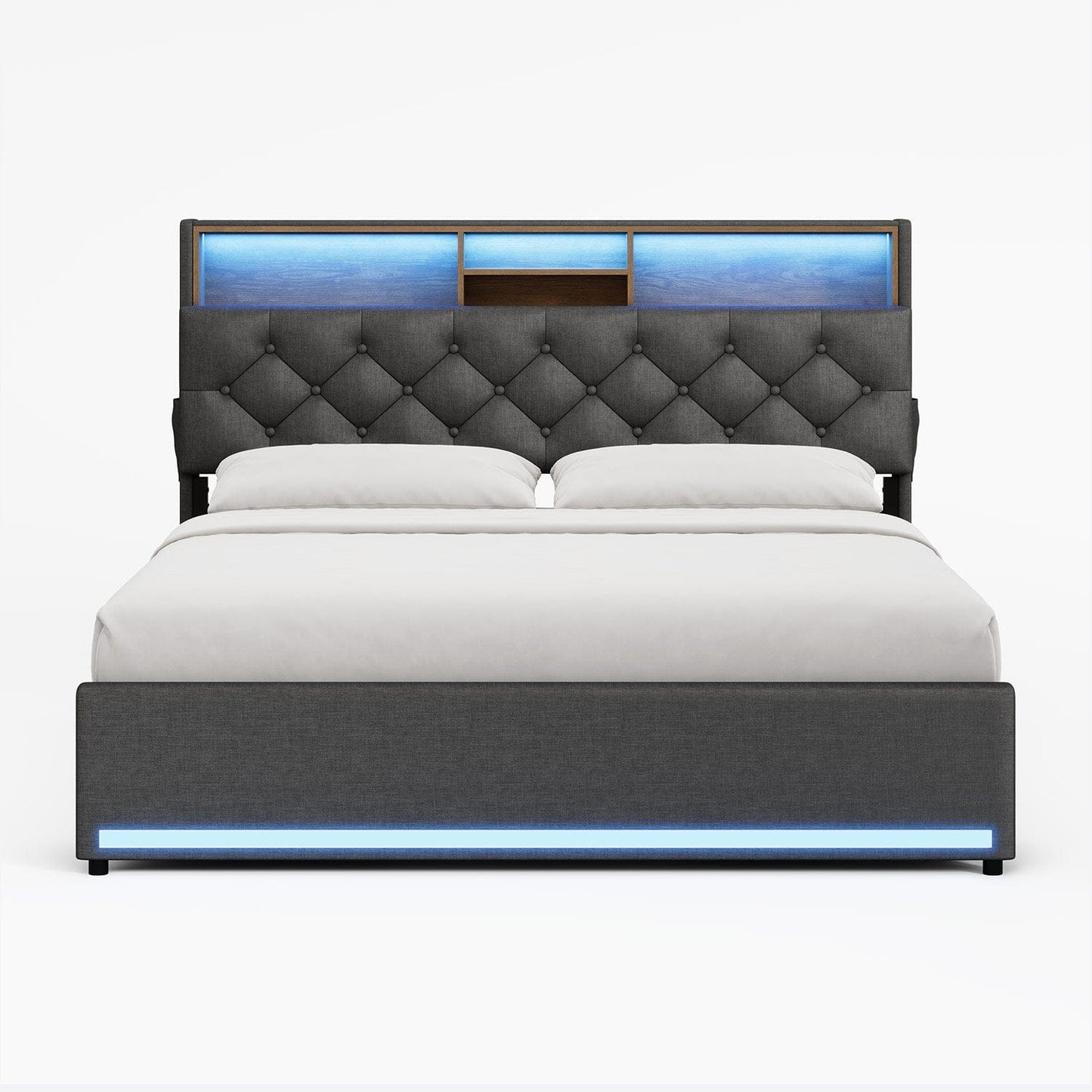 Hauoms Bed Frame LED Bed Frame 4 Drawers Linen Grey