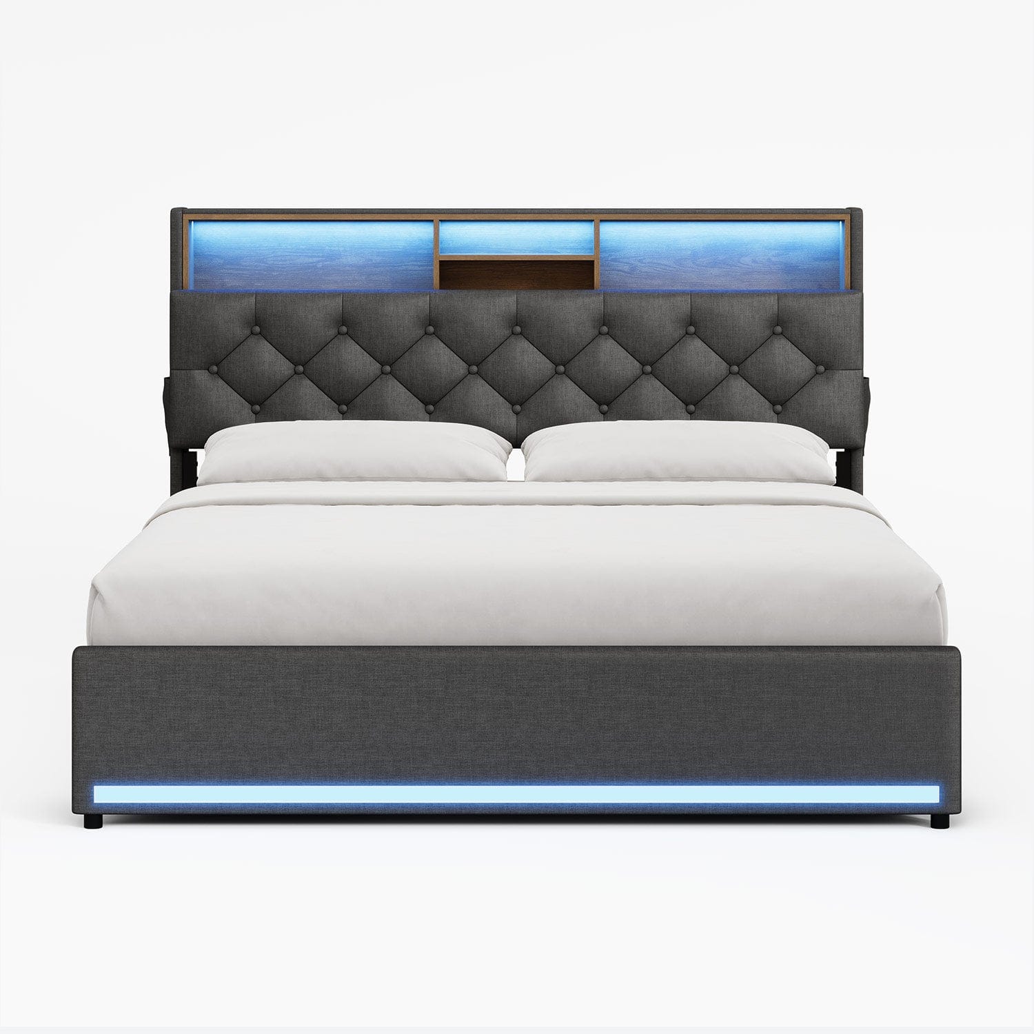 Hauoms Bed Frame LED Bed Frame 4 Drawers Linen Grey