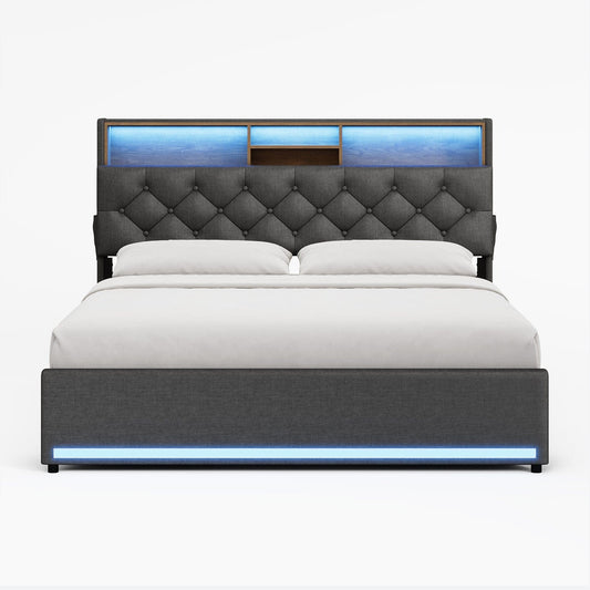 Hauoms Bed Frame LED Bed Frame 4 Drawers Linen Grey