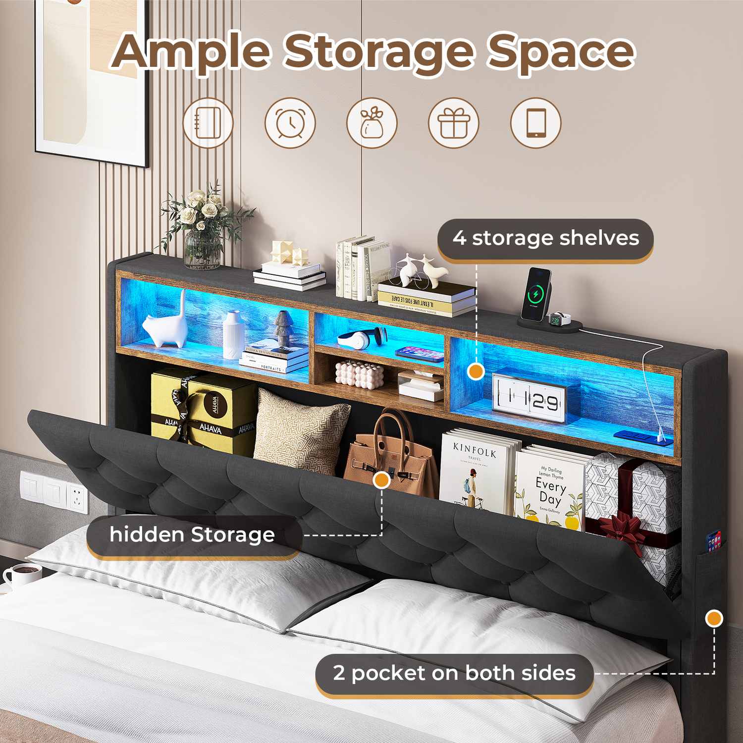 Hauoms Bed Frame LED Bed Frame 4 Drawers Linen Grey