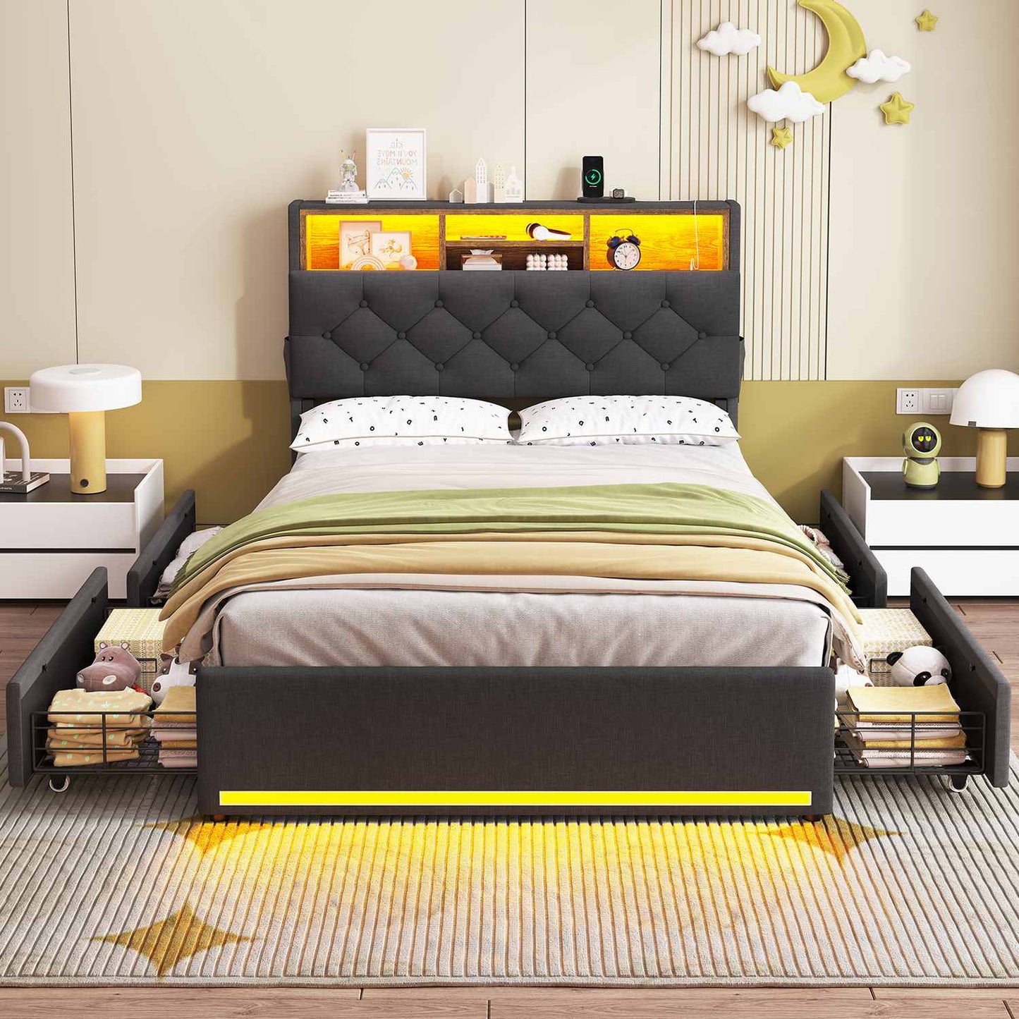 Hauoms Bed Frame LED Bed Frame 4 Drawers Linen Grey