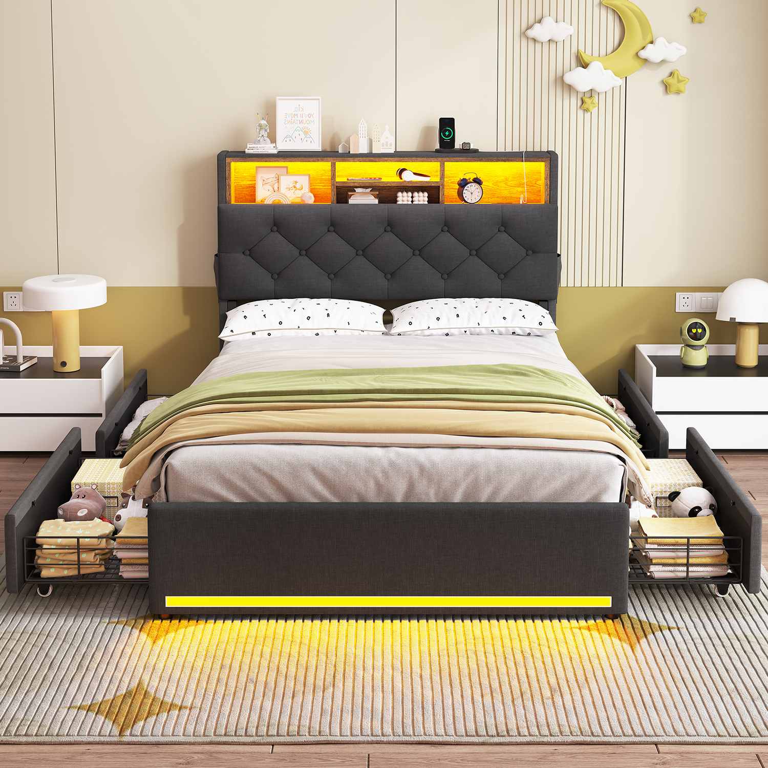 Hauoms Bed Frame LED Bed Frame 4 Drawers Linen Grey