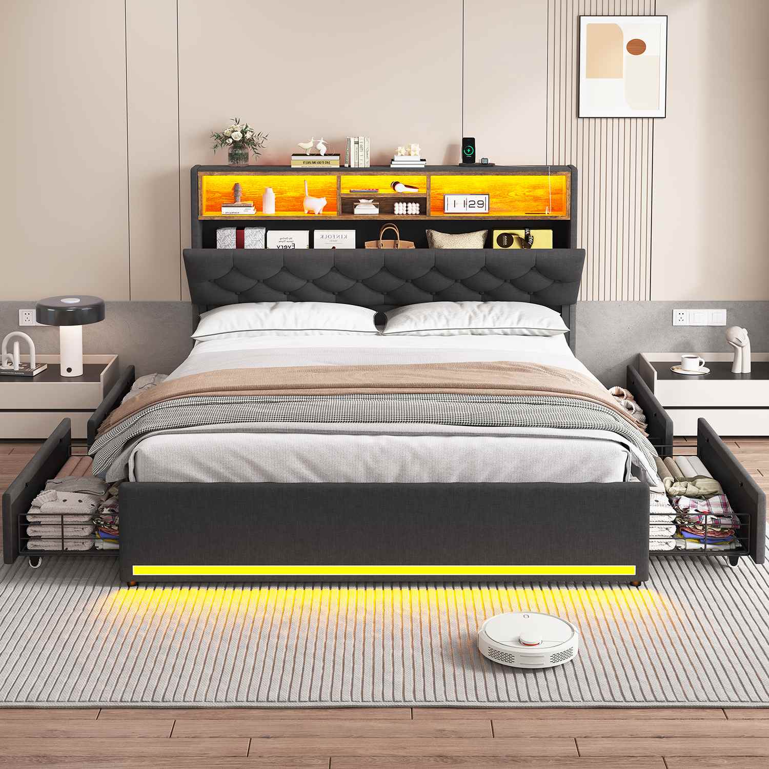 Hauoms Bed Frame LED Bed Frame 4 Drawers Linen Grey