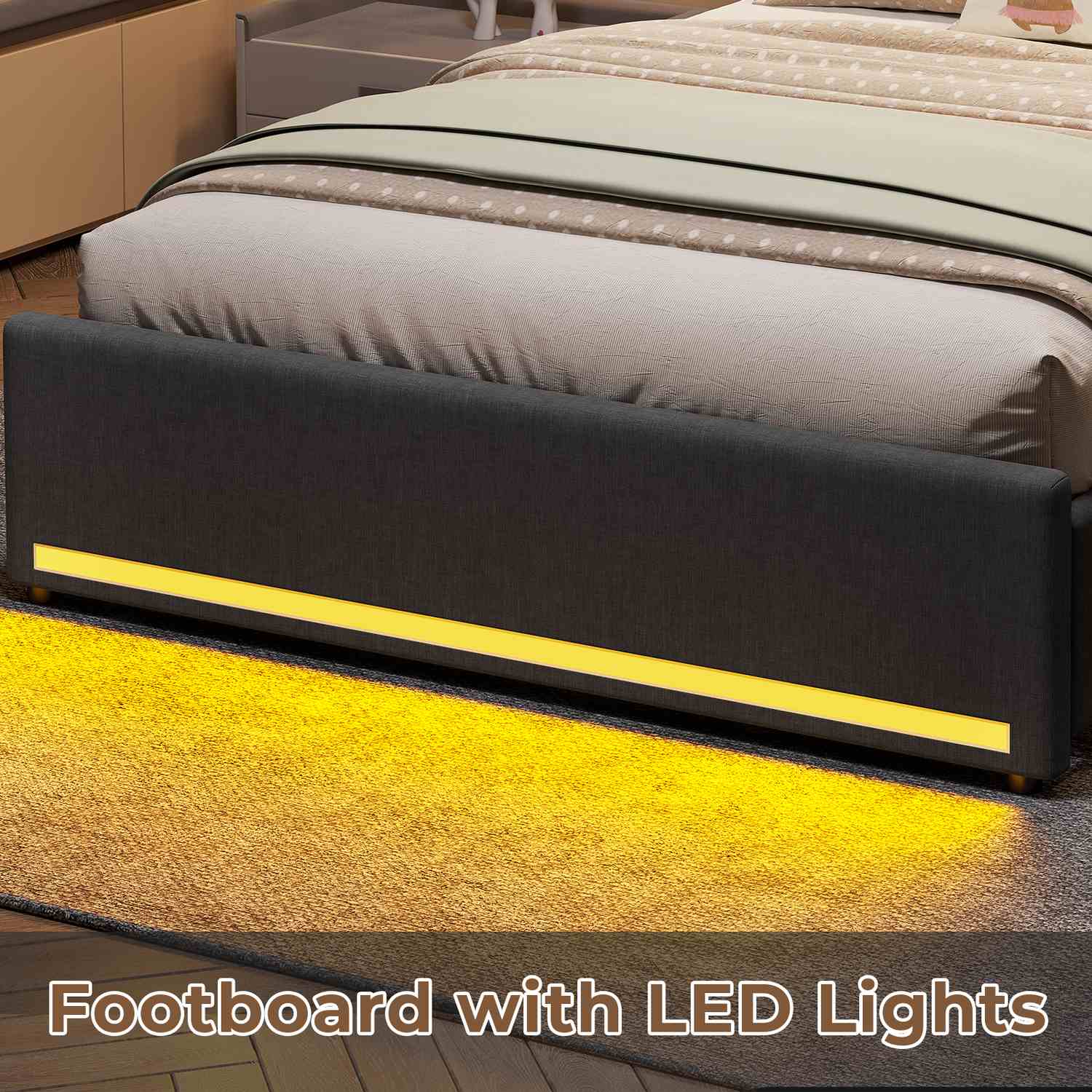 Hauoms Bed Frame LED Bed Frame 4 Drawers Linen Grey