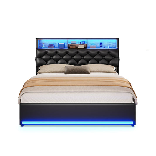HAUOMS Bed Frame LED Bed Frame 4 Drawers PU Black