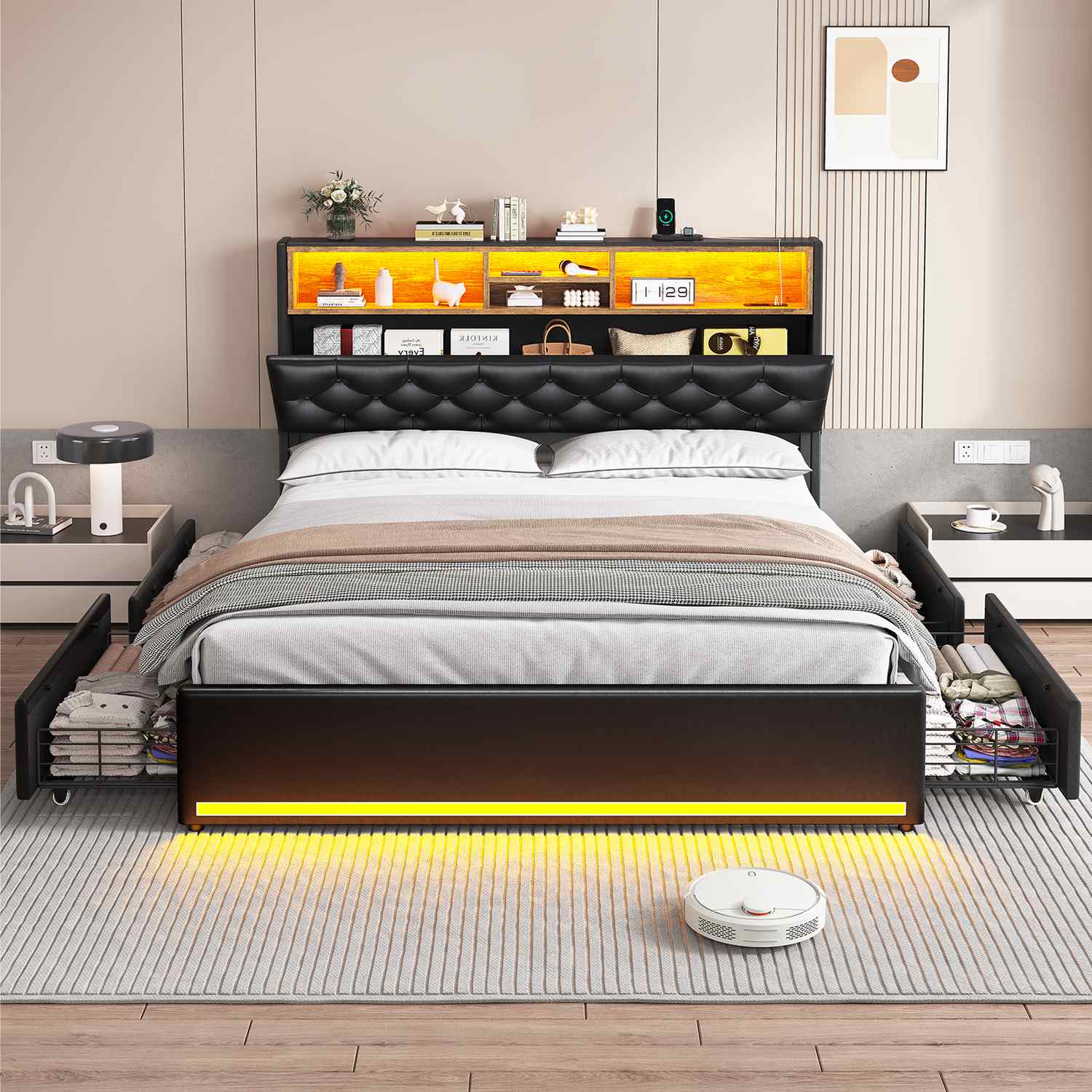Hauoms Bed Frame LED Bed Frame 4 Drawers PU Black