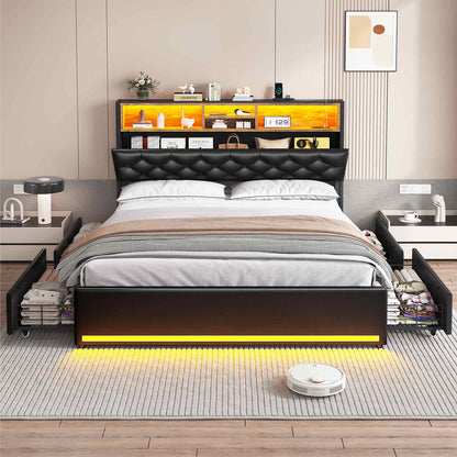 Hauoms Bed Frame LED Bed Frame 4 Drawers PU Black