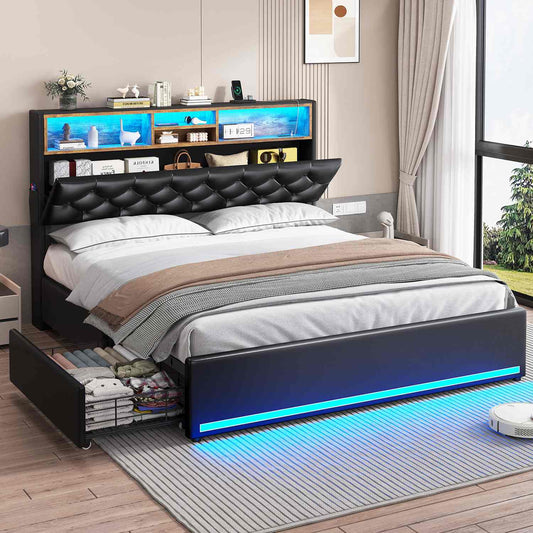Hauoms Bed Frame LED Bed Frame 4 Drawers PU Black
