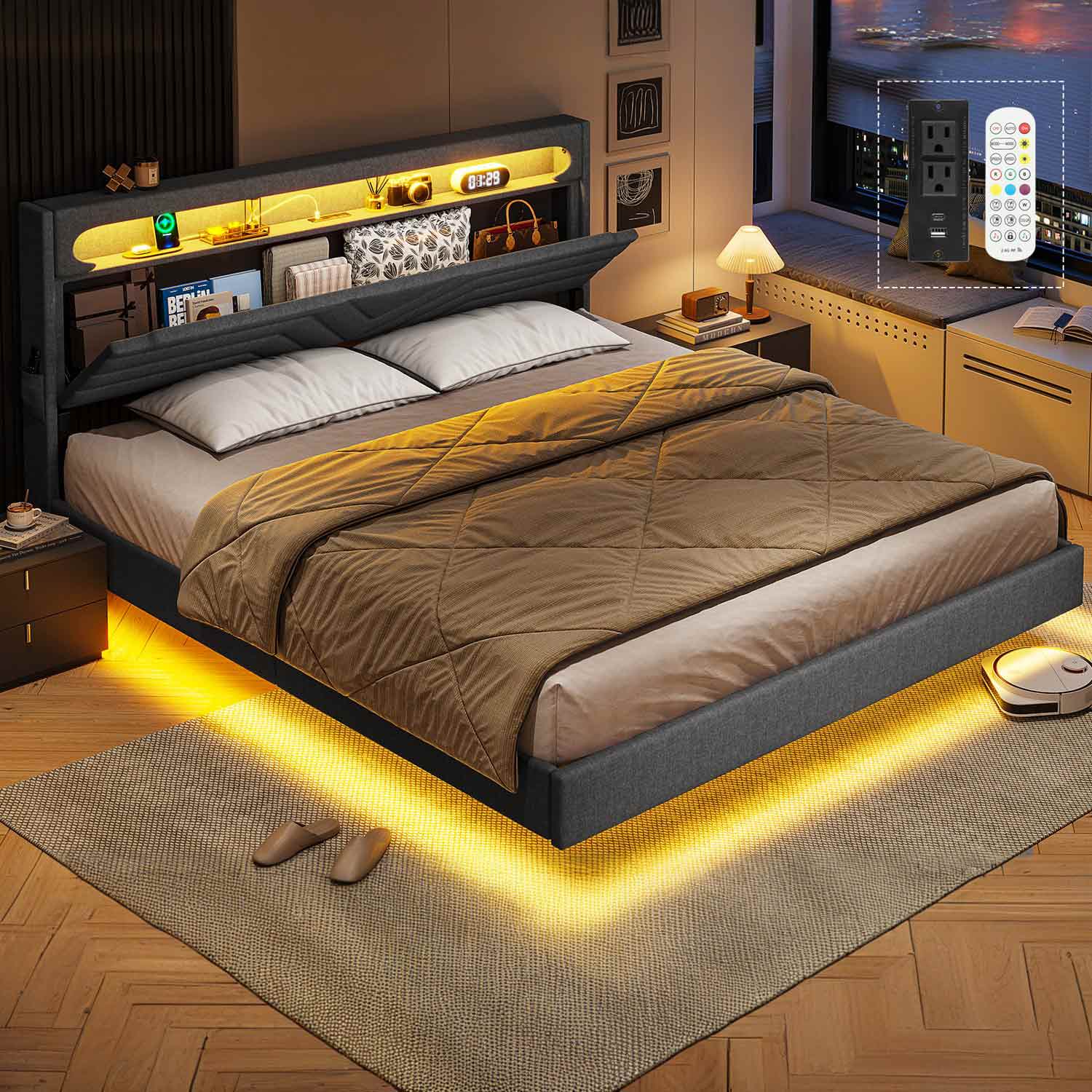 Hauoms Bed Frame LED Bed Frame Black