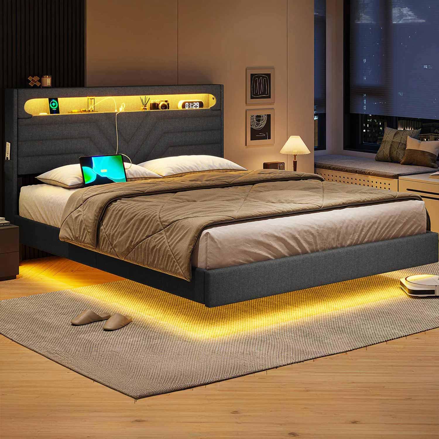 Hauoms Bed Frame LED Bed Frame Black