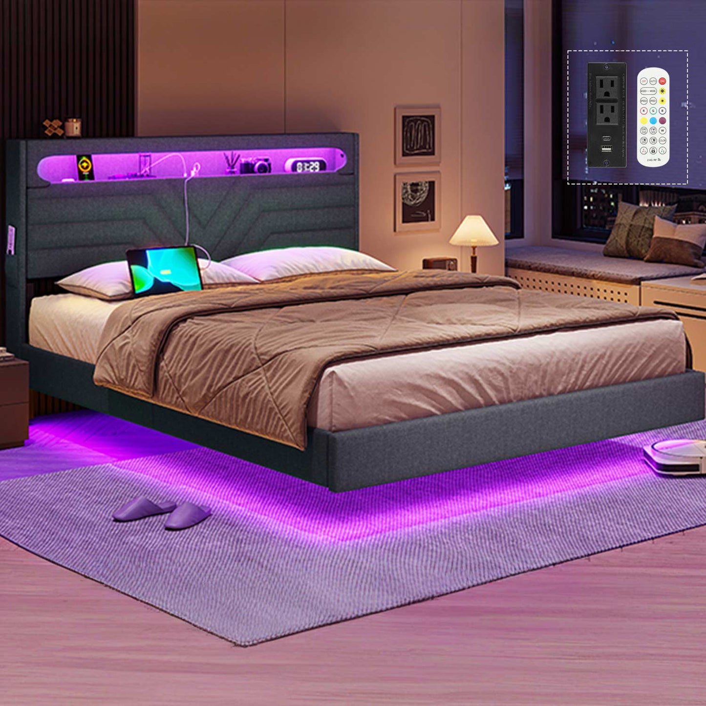 Hauoms Bed Frame LED Bed Frame Black