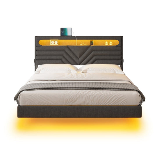 HAUOMS Bed Frame LED Bed Frame with Charging Station Black